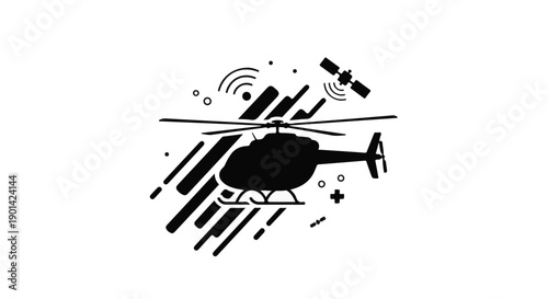 Modern helicopter with satellite flying in dynamic motion with abstract background and design elements, symbolizing advanced technology and communication