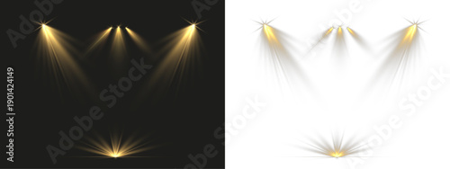
Set of golden stage spotlights with soft beams and star flares on a dark transparent background, creating a dramatic theatrical lighting effect.
