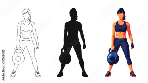 Set of three female athlete illustrations performing kettlebell deadlift exercise outline, silhouette and full color vector graphic