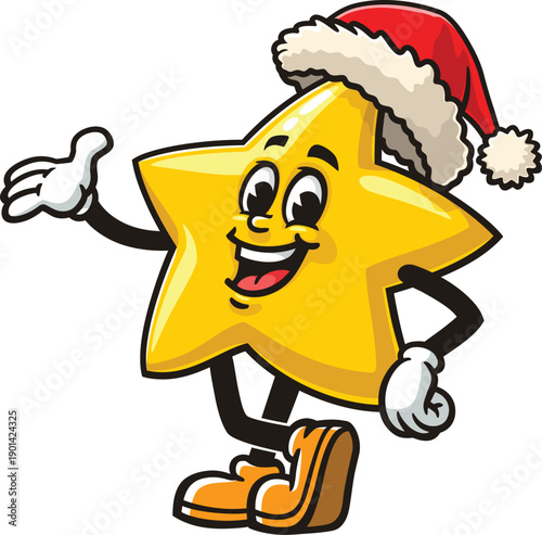 Cartoon star mascot wearing a Christmas hat