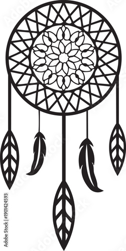 Dreamcatcher Emblem: A captivating dreamcatcher, meticulously rendered with intricate woven patterns and graceful feather accents, embodies tranquility and spiritual significance.