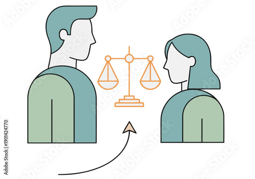 Illustration depicting justice, equality, and awareness. A man and woman face each other with scales balanced, symbolizing fairness and understanding. Modern, minimalist design.