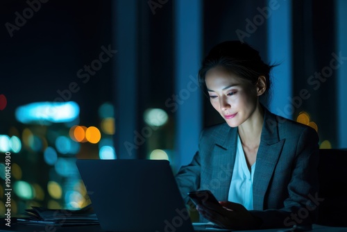 Night-time office scene: a young Asian businesswoman multitasks on laptop and smartphone in a dark, high-tech workspace