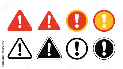 Caution warning, and danger exclamation icons set, featuring attention symbols in round and triangle shapes, designed for safety alerts, web design, and industrial communication graphics.