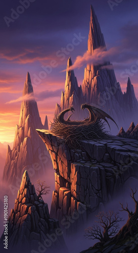 Epic fantasy landscape with dragon nest on a cliff edge at sunset
