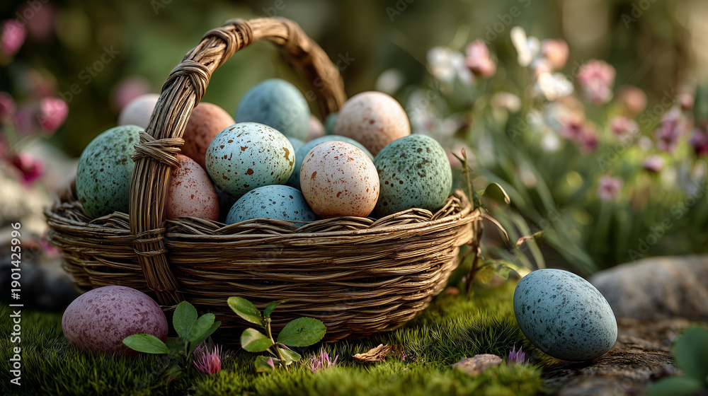 Obraz premium Colorful Easter eggs in a woven basket placed among flowers outdoors 