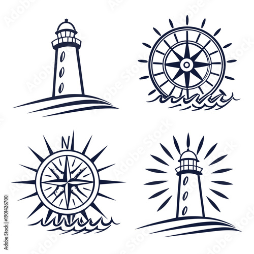 Four different types of nautical symbols and instruments