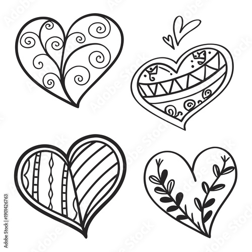 Four unique hand-drawn heart designs with intricate patterns and decorations.