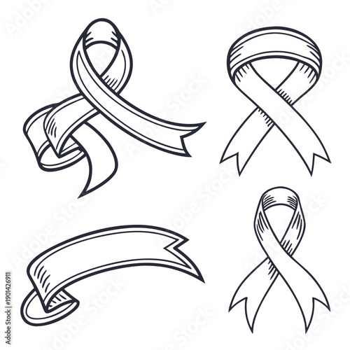 Four different styles of awareness ribbons drawn in a simple black and white line art