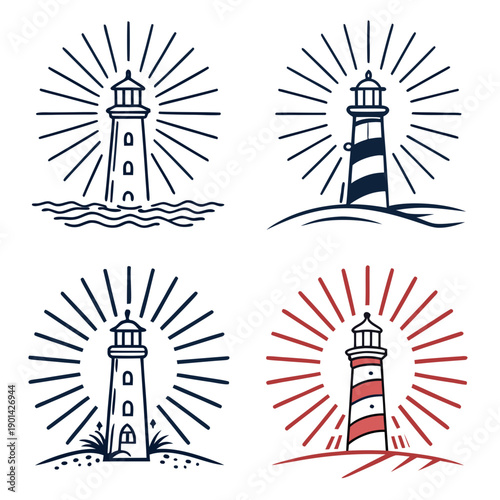 Four distinct lighthouses depicted in a square formation with varying designs and colors