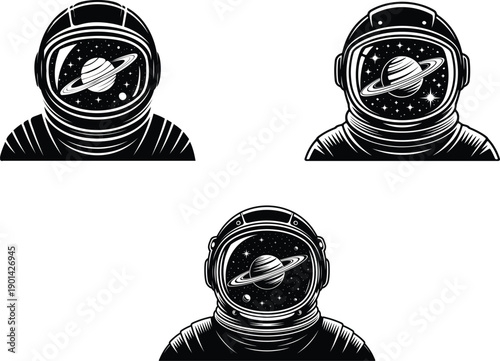 Cosmic astronaut portraits with planets and stars reflected in helmet visors, exploring space exploration and the universe.
