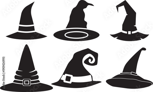 Halloween Witch Hats Silhouette Collection: A compilation of spooky and creatively designed witch hats, perfect for Halloween, depicting a diverse array of styles and silhouettes. 