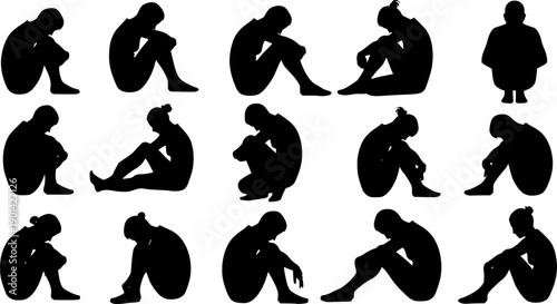 Collection of black human silhouettes in various crouching and sitting poses Keywords: silhouette, people, human, figure, man
