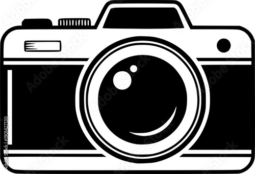 Camera icon vector illustration, black and white photo symbol design, photography logo element, modern camera silhouette, flat graphic pictogram, minimalist style