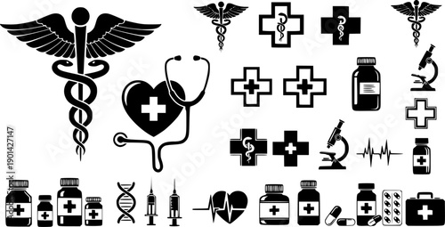 Medical symbols and icons including Caduceus, stethoscope, crosses, and medicine bottles health healthcare
