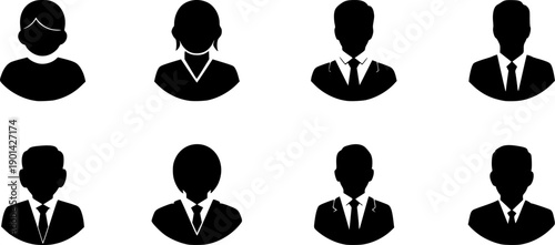 Set of eight black profile avatar icons with gray circles on white user person
