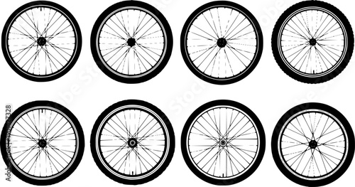 Bicycle wheel silhouettes, diverse spoke patterns, rim and hub designs, mountain bike tires, vector illustration set, cycling graphic elements, transportation artwork collection