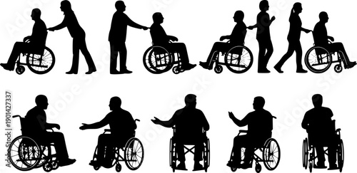 disabled man in wheelchair silhouettes vector. Silhouettes disabled in a wheel chair. Vector drawing rights in a wheelchair. silhouette businessman sitting on wheelchair over white background