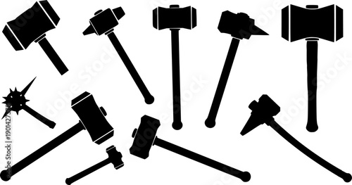 Collection of Black Silhouettes of Medieval Weapons and Hammers mace war hammer
