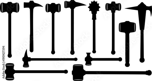 Collection of Black Silhouettes of Medieval Weapons and Hammers mace war hammer
