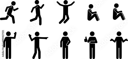 Black Stick Figure Poses Showing Various Actions and Gestures silhouette icon
