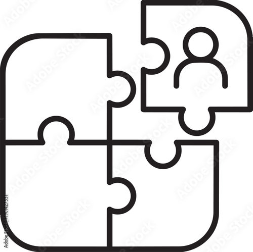Teamwork in Harmony: A minimalist illustration of four interlocking puzzle pieces, one featuring a person icon, symbolizing teamwork and collaboration in perfect synchronization.