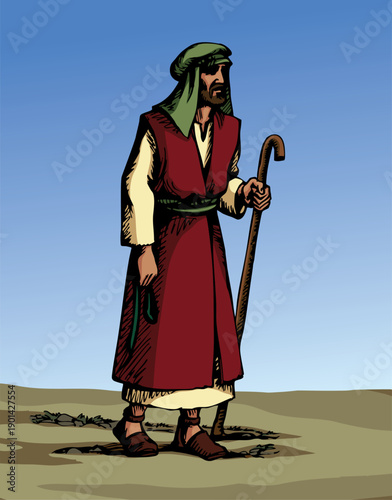Vector drawing. Man walking with cane