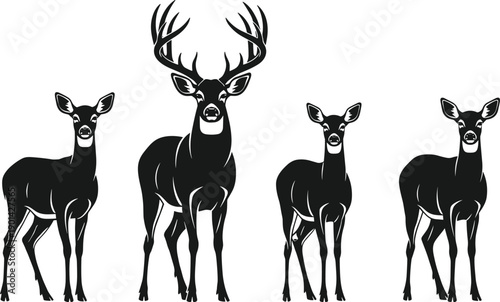 Majestic Black Deer Silhouette Vector Set Featuring Large Antlered Buck Stag and Female Does Standing in Front Profiles Isolated on White Background for Wildlife Design