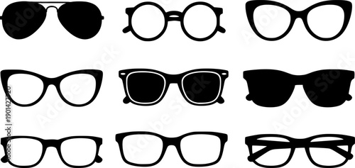 Glasses icon. Set of glasses icons. Black glasses silhouette isolated on white
