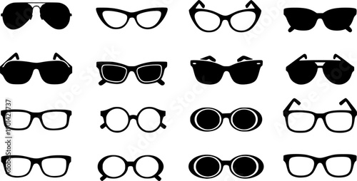 Glasses icon. Set of glasses icons. Black glasses silhouette isolated on white
