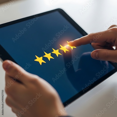 Close-up of a finger touching a tablet screen, selecting five golden stars for a perfect user review and high customer satisfaction.
