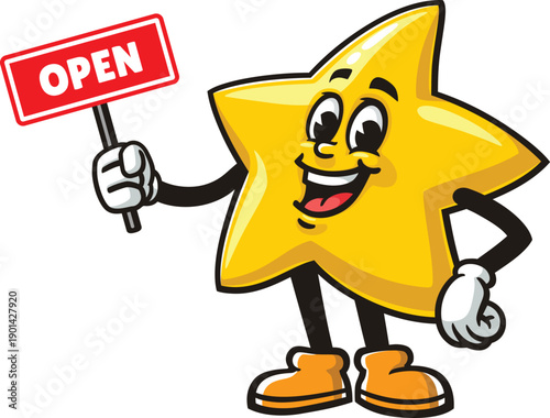 Cartoon star mascot holding an open sign