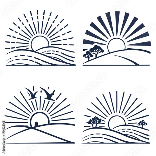 Four distinct sunrise scenes with varying elements and artistic styles