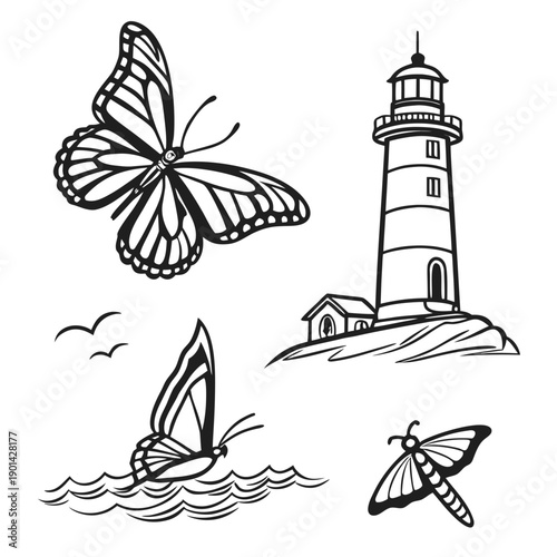 A serene coastal scene featuring a lighthouse, a sailboat, a butterfly, and a seagull.