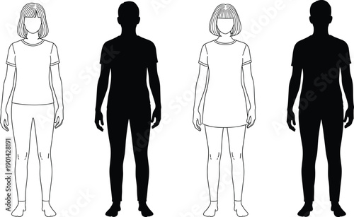 Male and Female Clothing Template Vector Set Featuring T-shirt and Tunic Outlines with Black Silhouettes and Line Art Profiles Isolated on White Background for Fashion Design