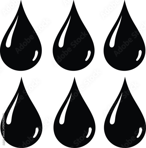Six teardrop shaped black oil droplets on white background