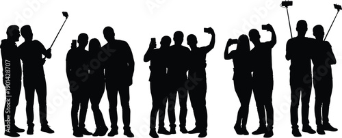 Set of Diverse People Silhouettes Taking Selfies Using Smartphones and Selfie Sticks Collection of Friends Couples and Groups Isolated on Plain White Background for Design