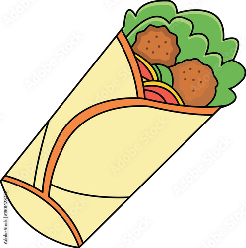 Delicious falafel wrap with fresh lettuce and sauce Vector, illustration