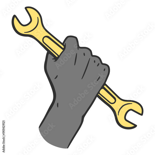 A hand grasping a wrench