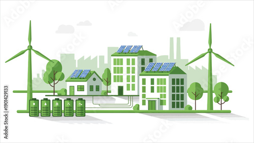  Distributed Energy Generation Concept Sustainable Power from Solar Panels and Wind Turbines, Stored in Central Battery for Electricity Distribution