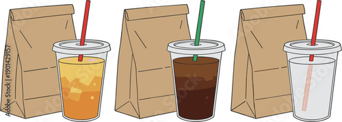  Carry-Out Iced Drinks Icons Orange Juice Coffee Cola Transparent Cup Paper Bag Straw Vector Illustration