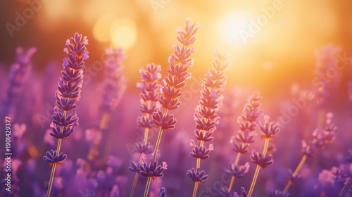Lavender Field at Sunset with Mountains and Golden Light