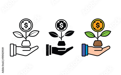 Money tree icon Design. hand holding a small money plant sprout, representing personal finance management. Seed money icon Black line art vector set.