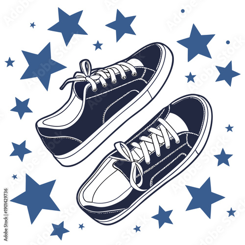 Stylish sneakers on a blue background with stars, displaying a casual footwear design for everyday wear and fun Generative AI