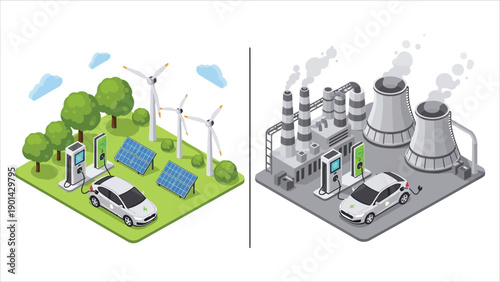 Electric vehicle and gasoline car comparison. EV charging station alongside diesel and petrol fuel pumps, renewable solar and wind energy versus traditional fossil fuel refinery, sustainable energy