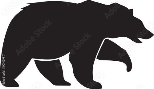 Bear Silhouette: Bold black silhouette of a powerful bear, walking with confident stride. Perfect for designs and illustrations.