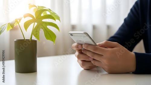 Person sitting at a desk holding a smartphone checking messages