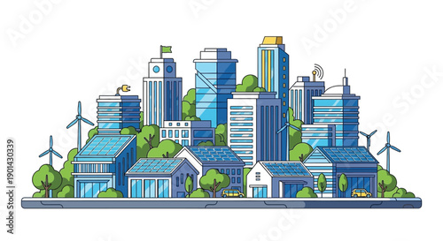 Illustration of a modern sustainable city skyline featuring renewable energy sources and green architecture