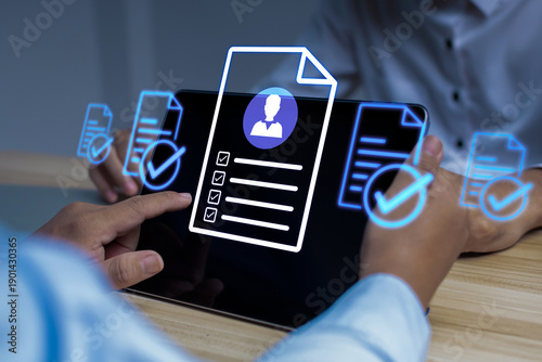 Human Resource Management. hr manager review digital resume document on mobile tablet, job interview, team leader, document file management, digital marketing, business strategy and technology concept
