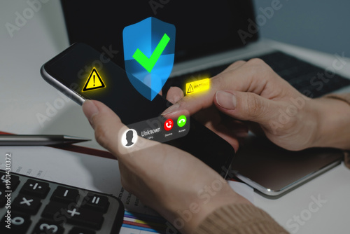 victim people holding mobile phone receiving incoming call from scammer with warning sign, data protection, call center gang, hacker, cybersecurity, telecommunication, phishing with smartphone concept